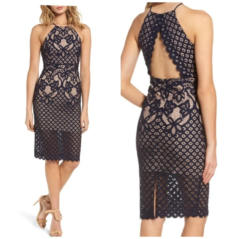 Bardot Mila Lace Halter Open Back Elegant Dress - Picture 1 of 7